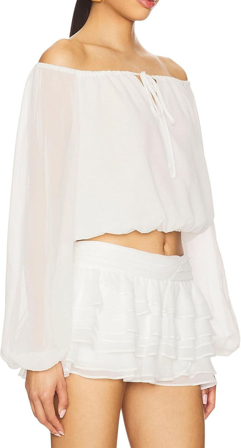 SUNNOW Women's Chiffon Off-Shoulder Elegant Flowy Blouse Tops Long Sleeve Blouse for Casual Party - Image 2